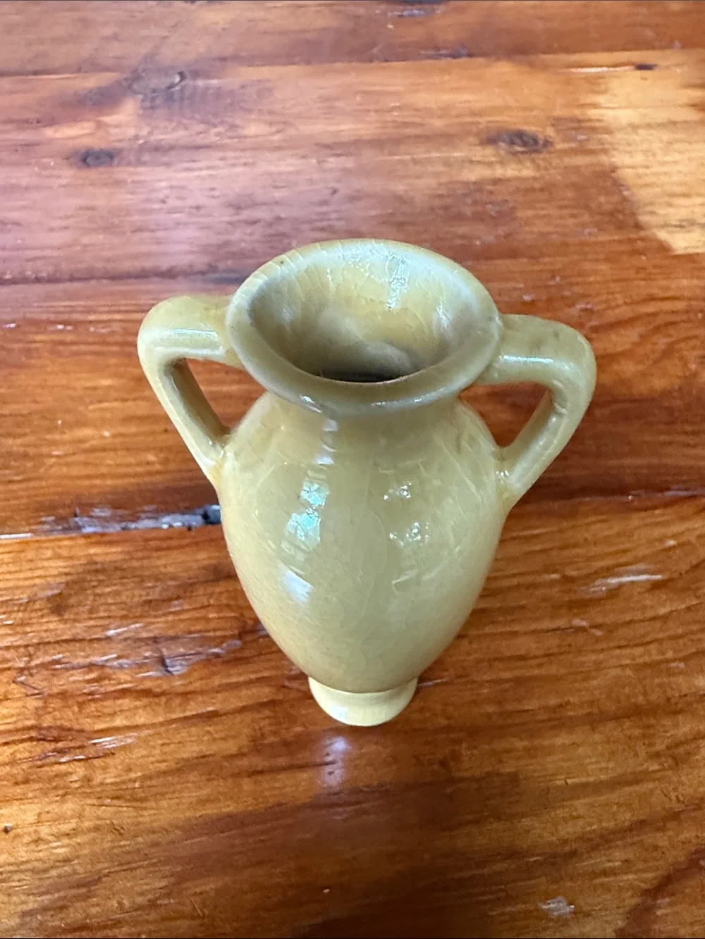 Yellow Crackled Ceramic Double-Handled Bud Vase